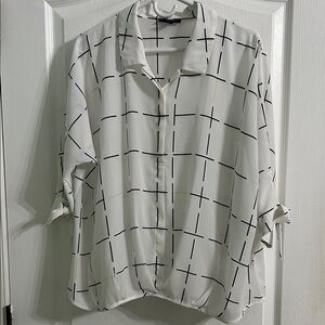Alfani Size Large White 3/4 Button-Down Shirt with Black/Yellow Grid Print